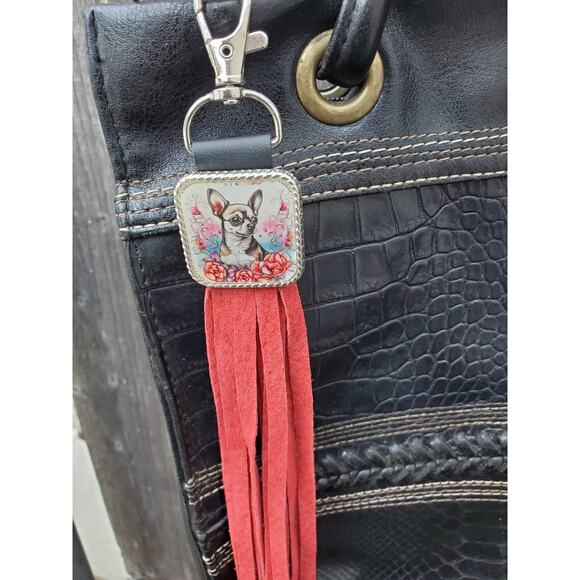Handmade boho Chihuahua Leather Fringe Western bag charm, Long fringe keychain - Picture 1 of 3